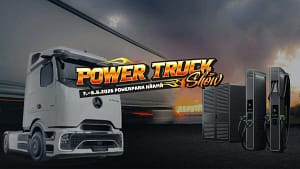 Hypercharger megawattilatausasema ja Mercedes-Benzin sähköinen hyötyajoneuvo Power Truck Show 2026 -messuilla.